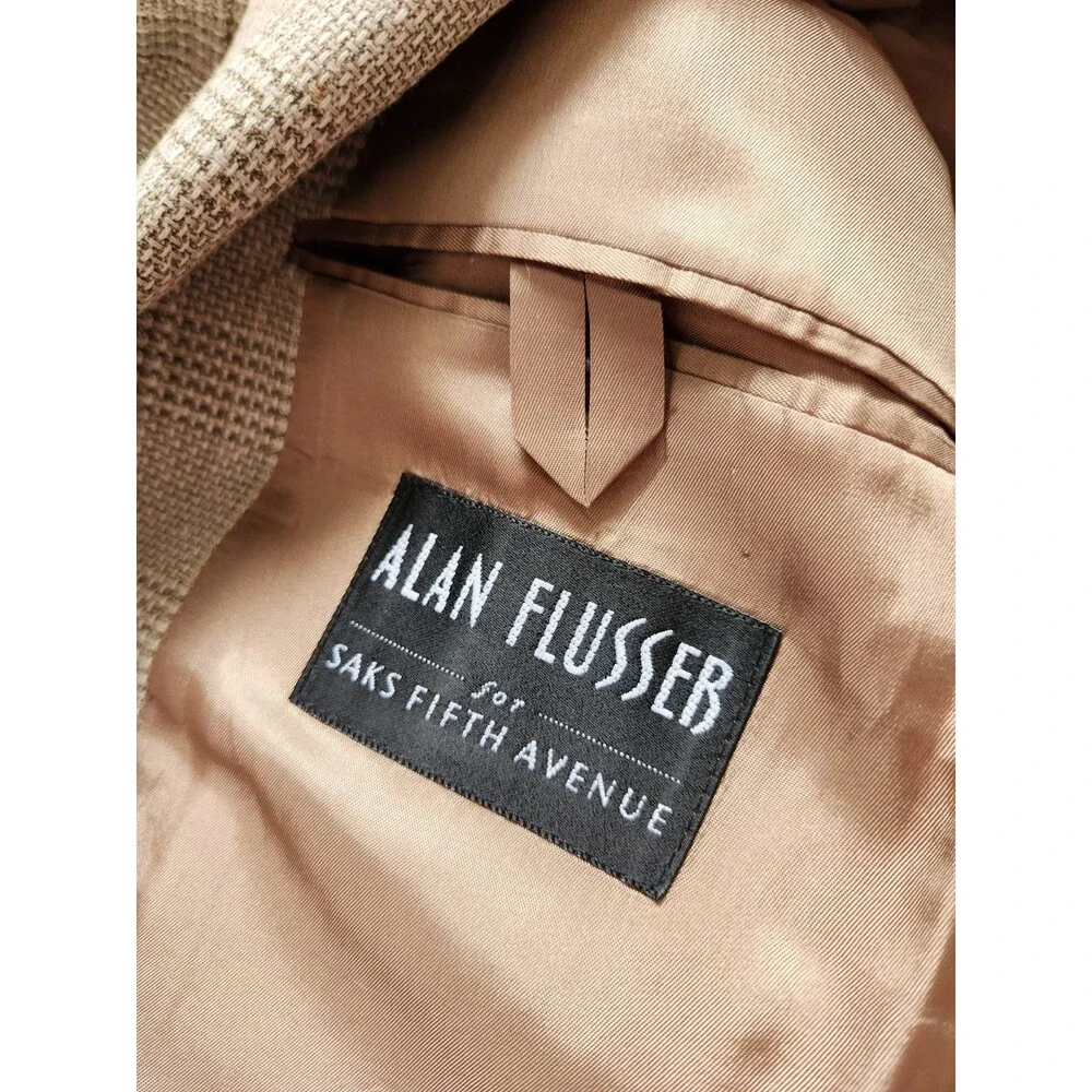 Alan Flusser Wool Linen Blend Tweed Double Breasted Blazer Beige Lined Mens 43T
